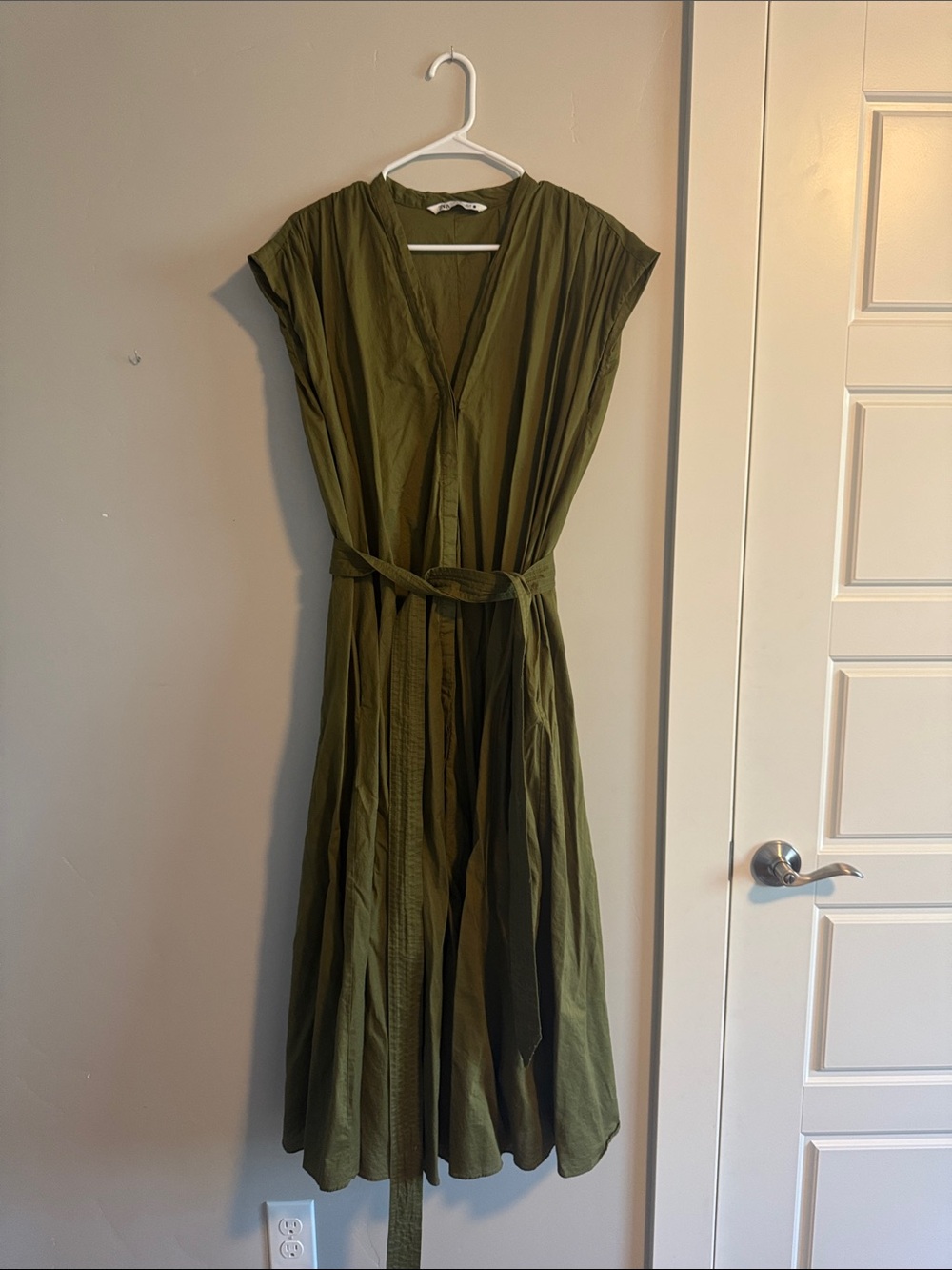 Zara Olive Green Midi Dress with Waist Tie